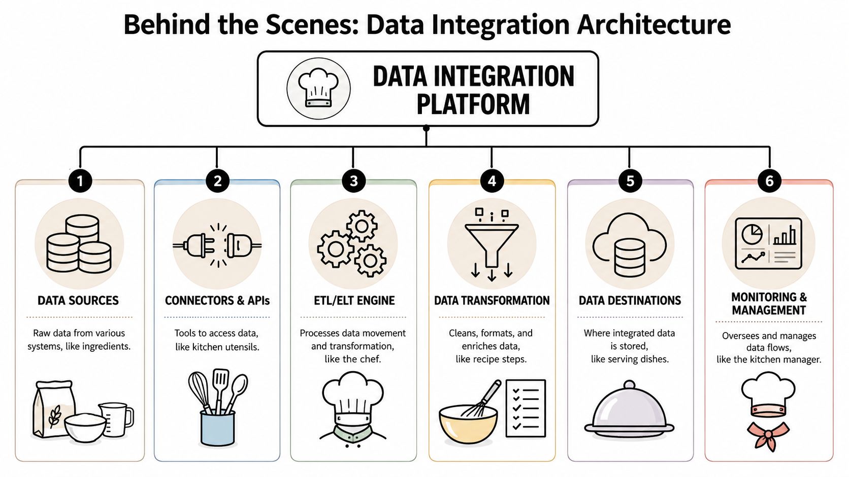 A diagram illustrating data integration architecture using a culinary metaphor with six numbered processing stages.