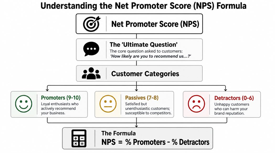 A diagram explaining the Net Promoter Score formula including customer categories and the calculation method.