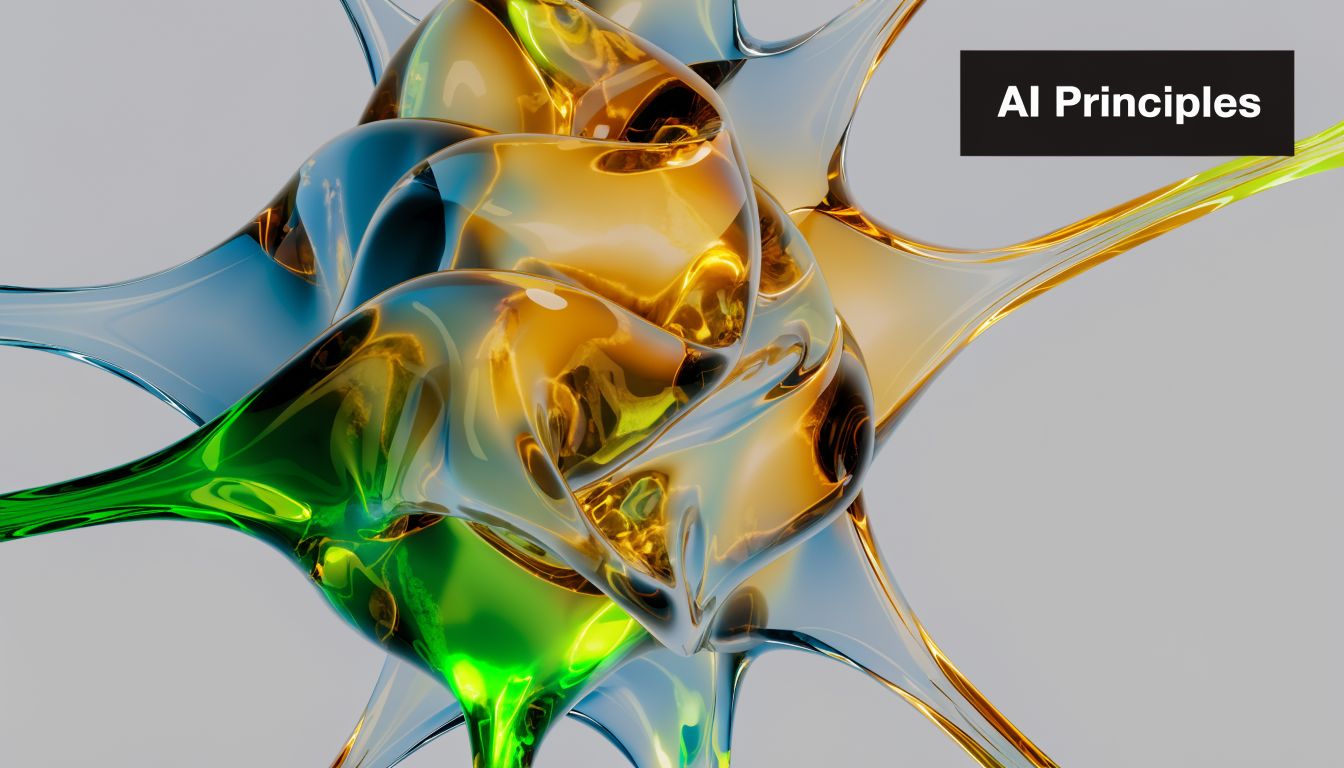 An abstract, glossy 3D art piece with fluid shapes in blue, green, and gold against gray.