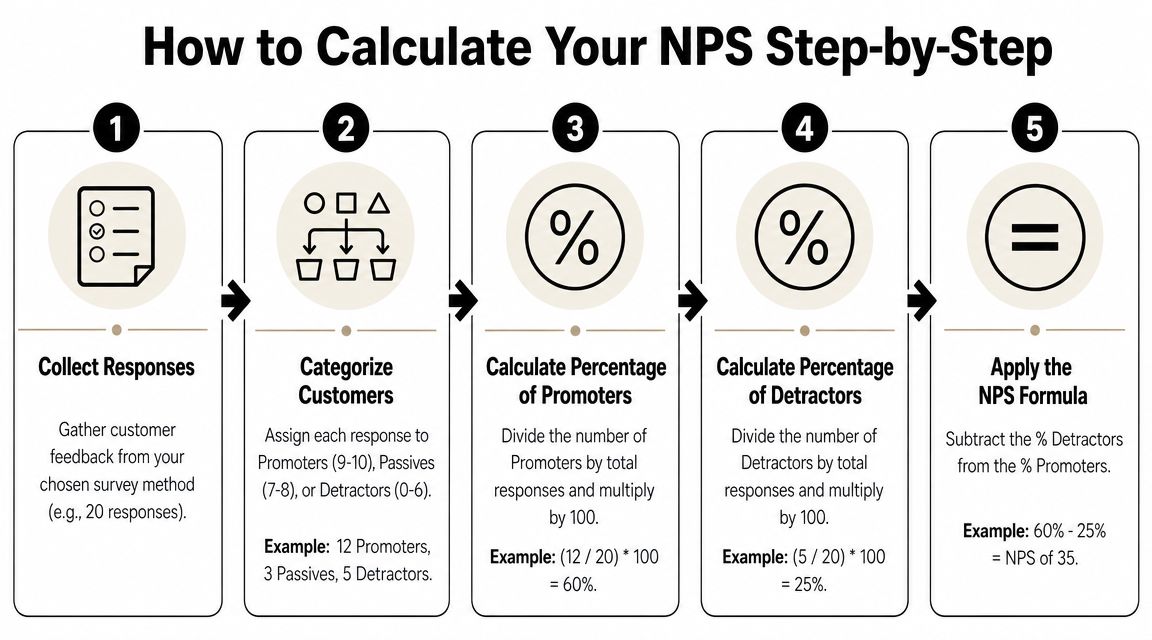 A five-step infographic showing how to calculate Net Promoter Score using customer feedback and percentages.