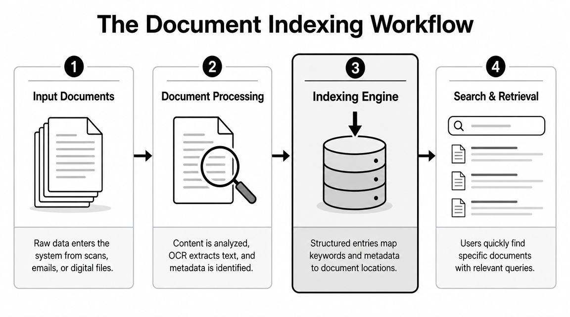 A four-step diagram illustrating the document indexing workflow from input, processing, and indexing to final search retrieval.