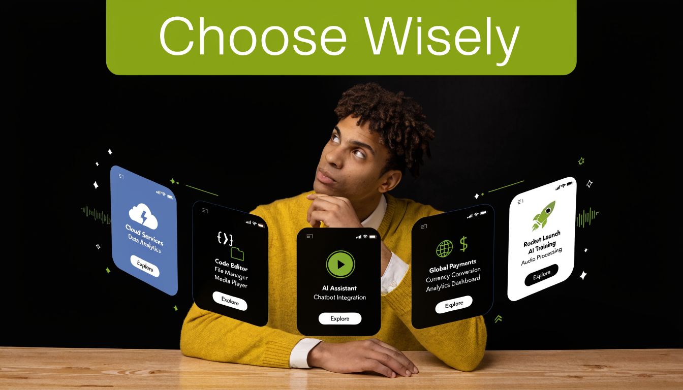 A man in a yellow sweater contemplates various digital application development platform options presented on floating screens.