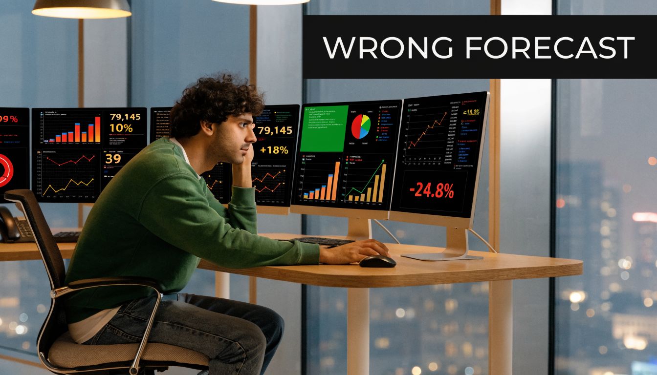 A young man looking stressed while analyzing complex financial data charts on multiple computer screens in office.