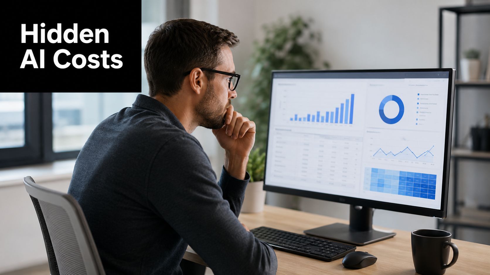 A professional analyzing data on a computer monitor with the text Hidden AI Costs displayed
