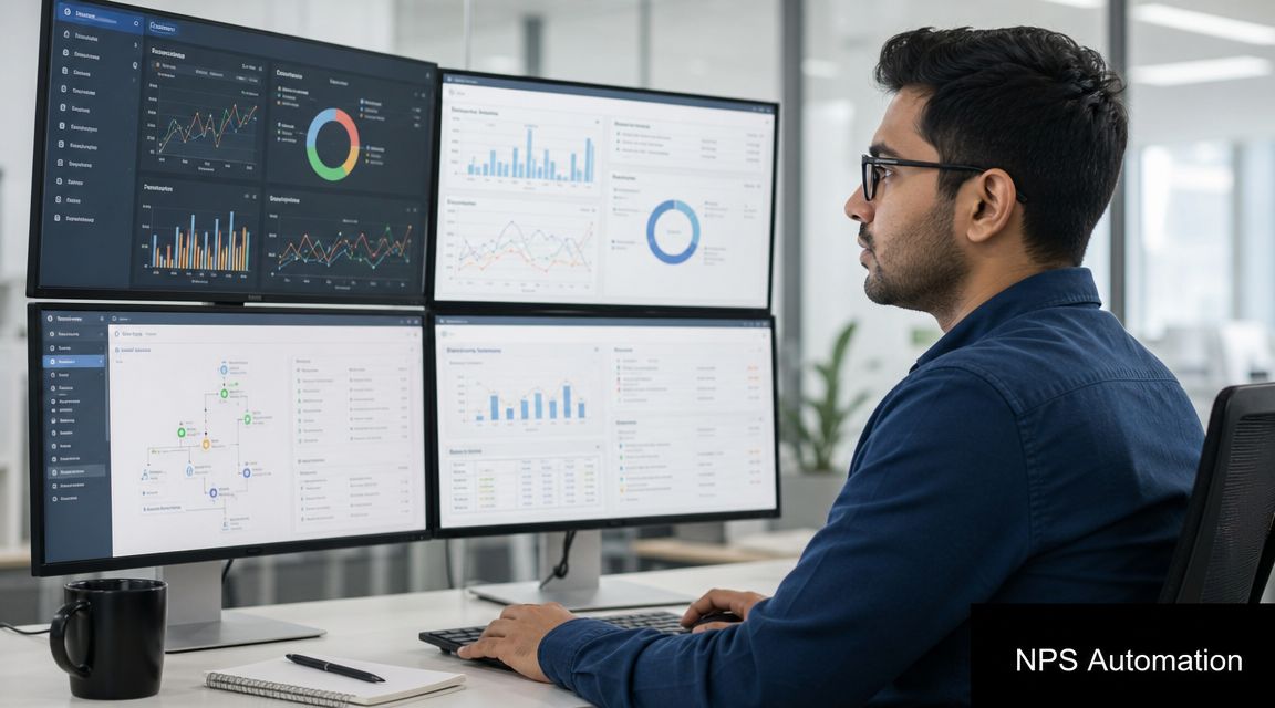 A professional man analyzing Net Promoter Score data dashboards on multiple computer monitors in an office.