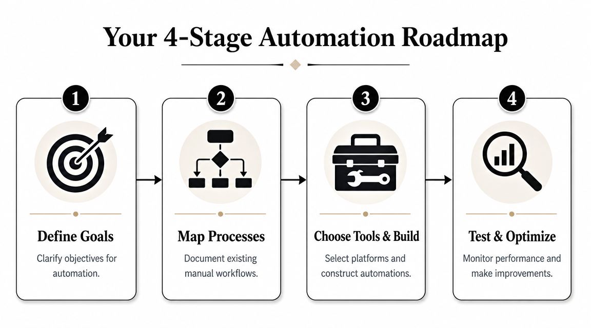 A four-stage automation roadmap infographic showing steps to define goals, map processes, build tools, and optimize.