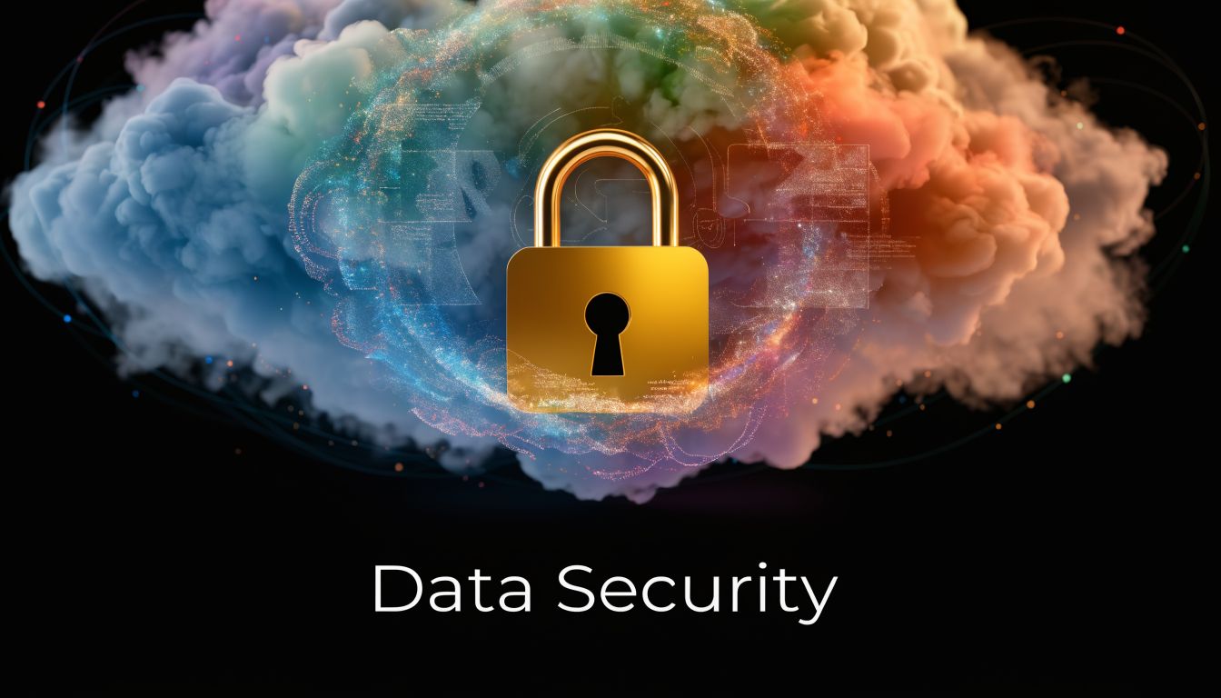 A golden padlock floating in the center of a colorful, abstract digital cloud representing data security.