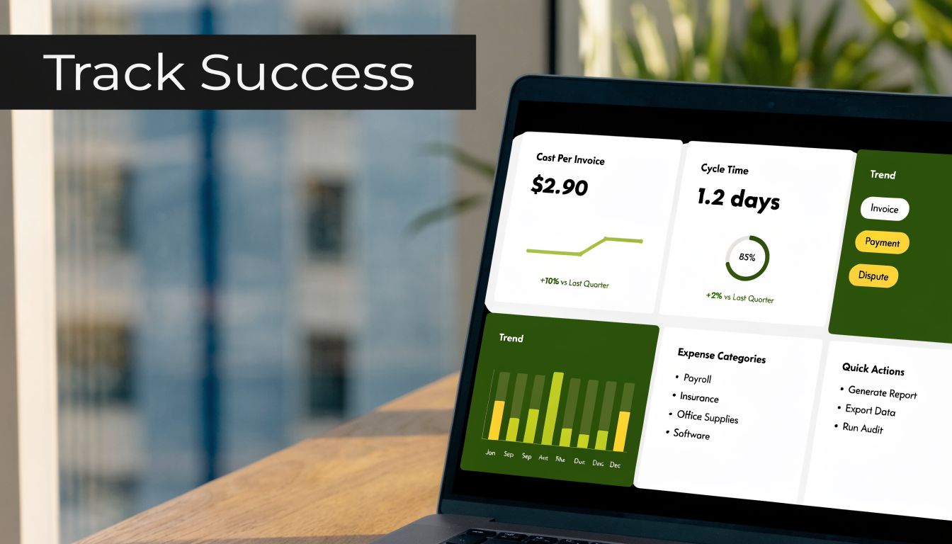 A laptop screen displaying a business analytics dashboard with financial metrics, expense tracking, and invoice management tools.