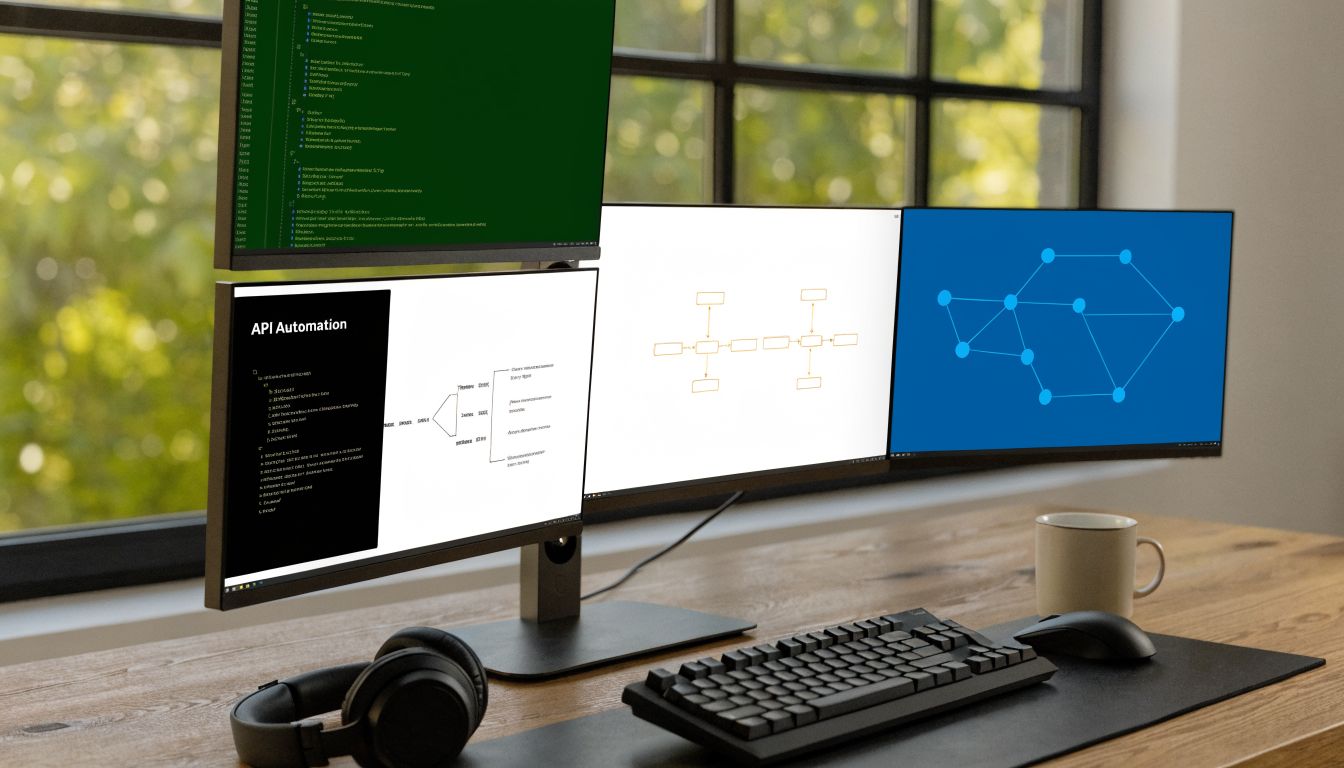 A professional computer workstation featuring multiple monitors displaying code, API automation diagrams, and network graphs on a desk.