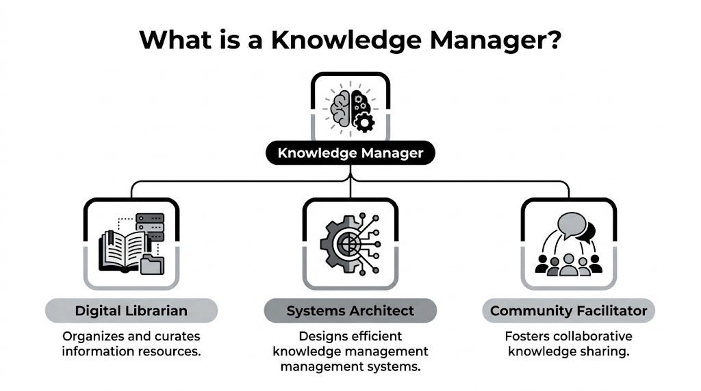 A diagram defining a Knowledge Manager as a digital librarian, systems architect, and community facilitator.
