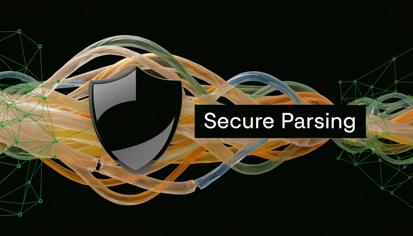 A glossy black shield symbol representing digital protection placed over abstract tangled cables and neural network nodes.