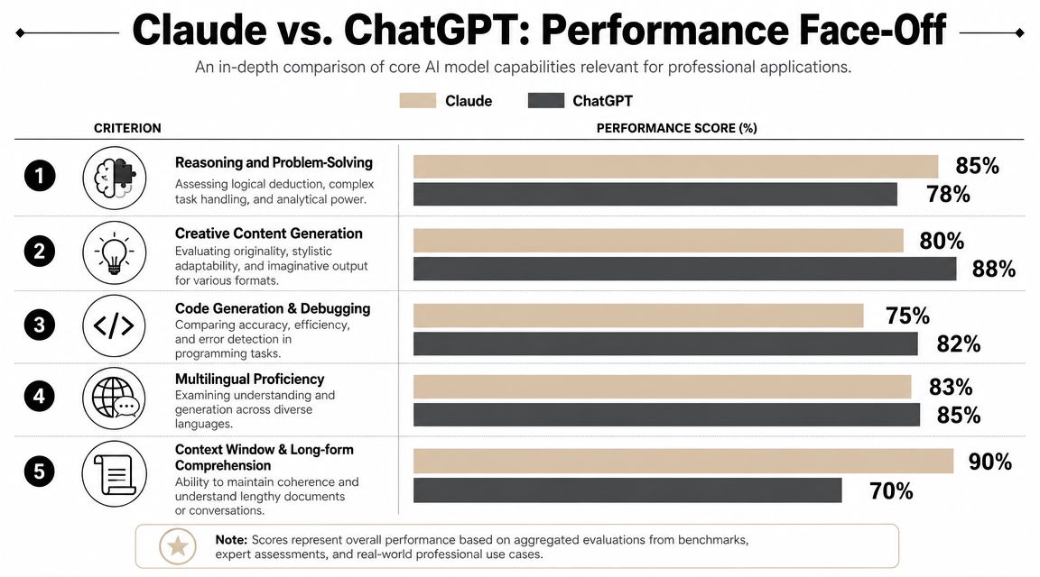A bar chart comparing performance scores of Claude and ChatGPT across five different professional AI capabilities.