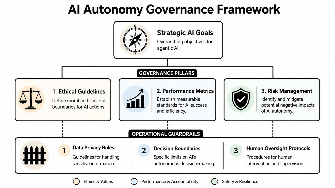 A diagram illustrating an AI Autonomy Governance Framework with strategic goals, governance pillars, and operational guardrails.