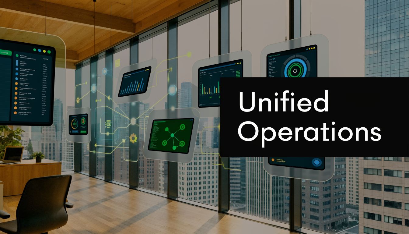 A modern office window with floating digital dashboard screens displaying data visualizations and business analytics metrics.