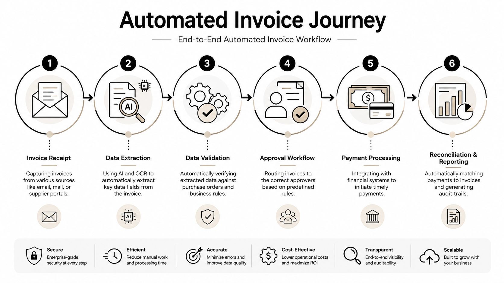 A six-step diagram illustrating the automated invoice processing journey from receipt to final reconciliation and reporting.