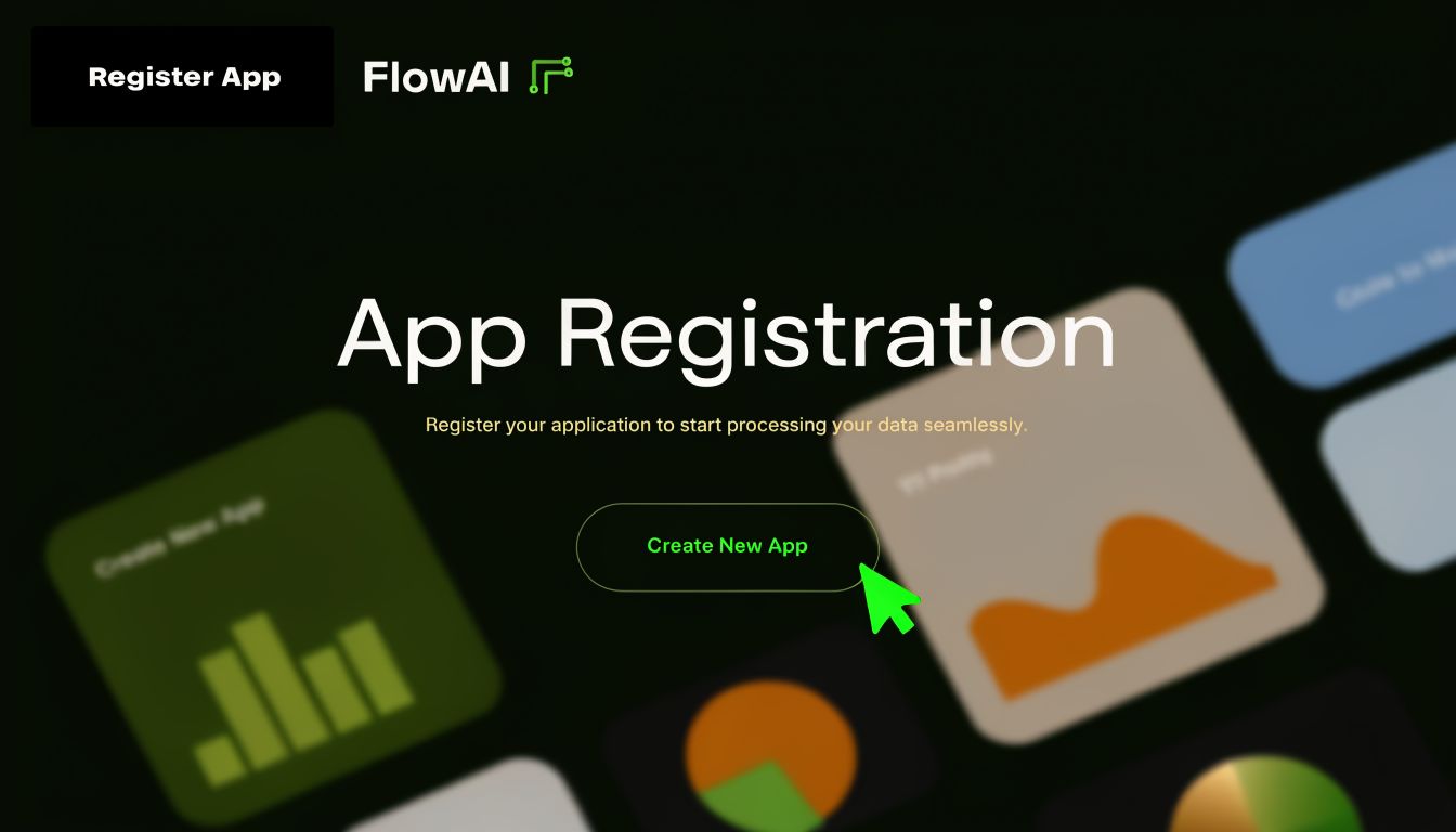 An interface for FlowAI application registration featuring a prominent button to create a new application for users.