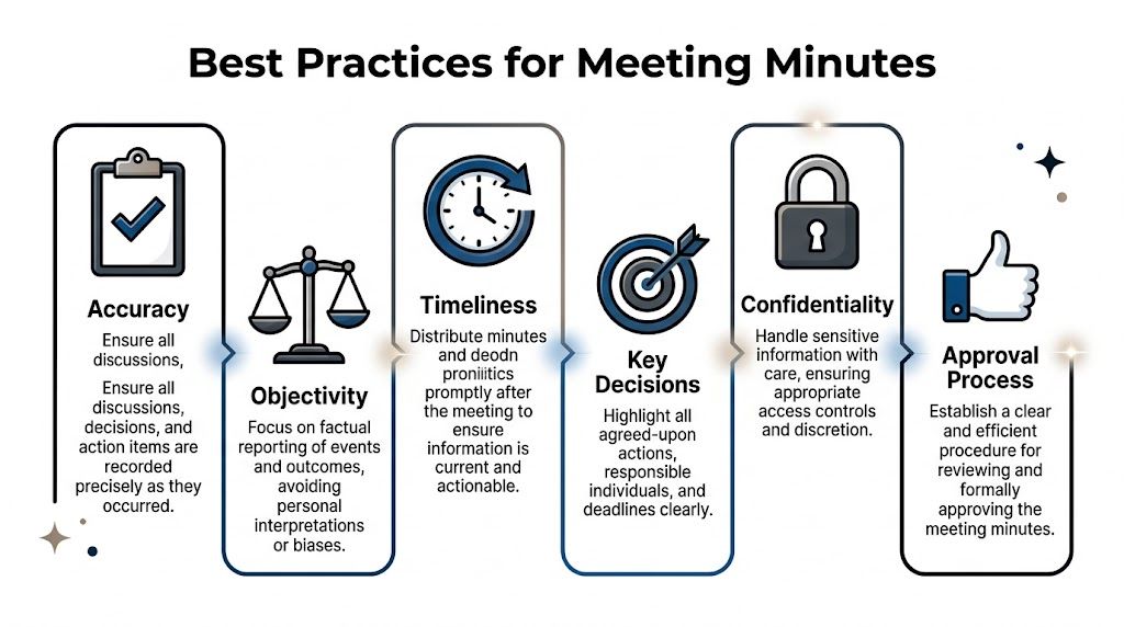 An infographic displaying six key best practices for effective meeting minutes, including accuracy, objectivity, and timeliness.