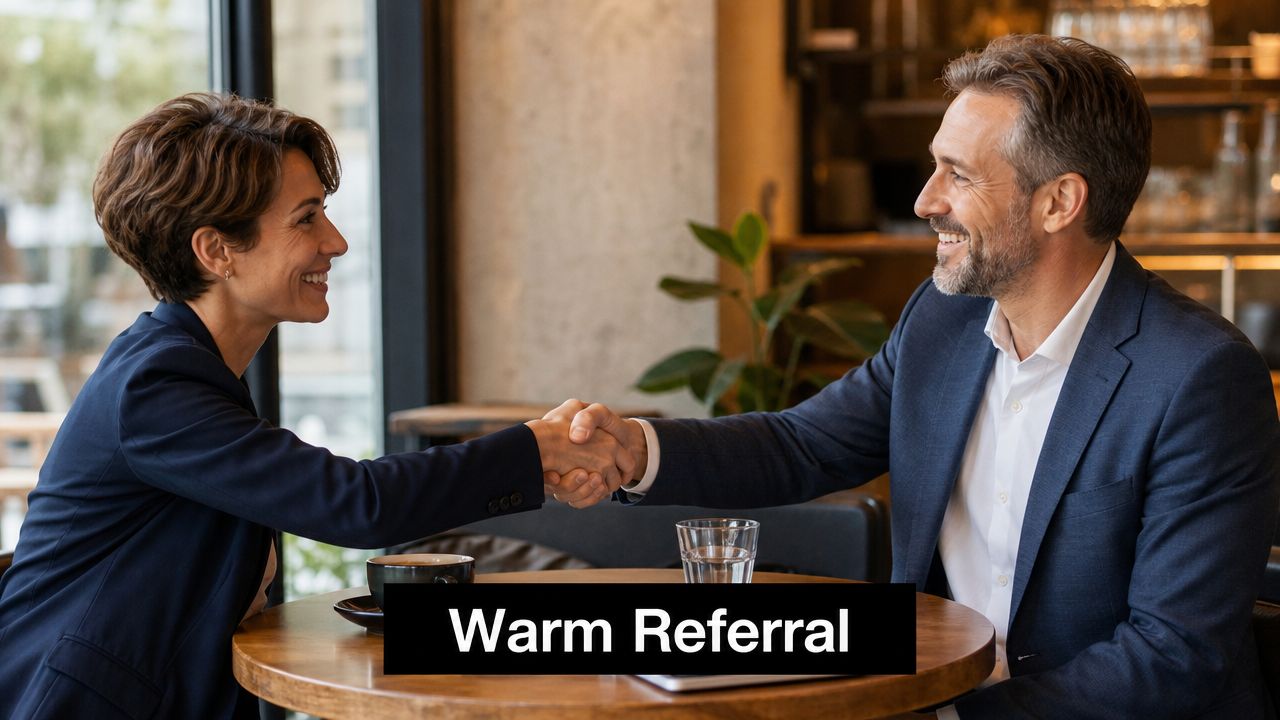 A professional man and woman smiling while shaking hands at a small cafe table.