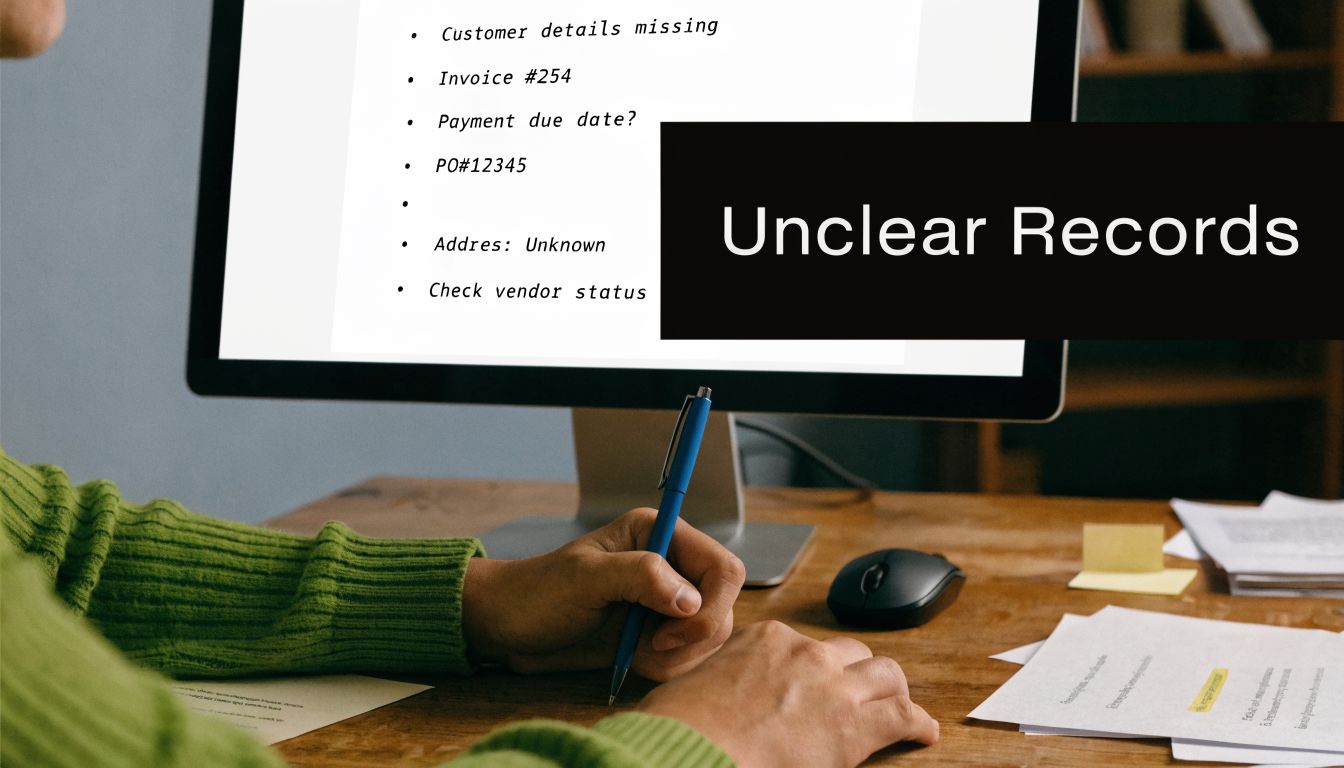 A person writing notes while reviewing unclear accounting records on a computer screen in an office.