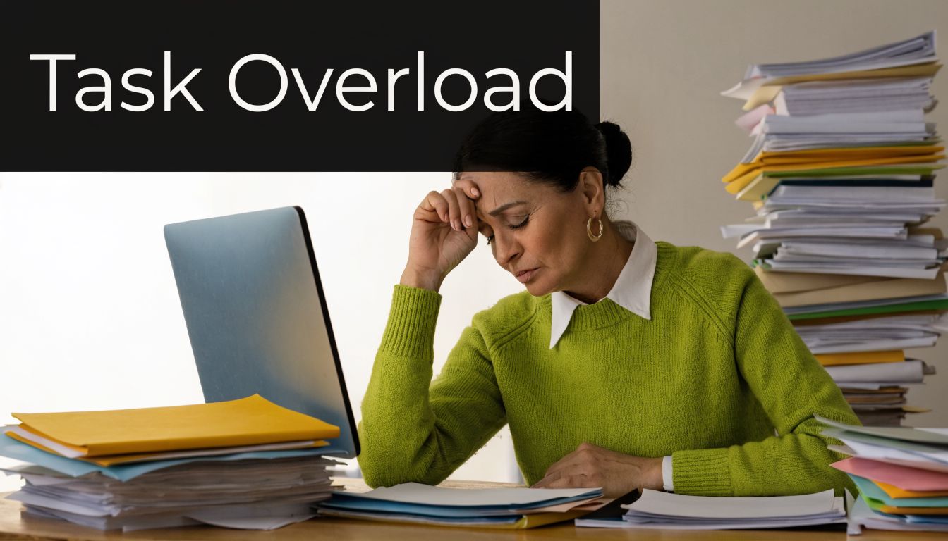 A stressed woman sitting at a desk overwhelmed by a large pile of paperwork and a laptop.