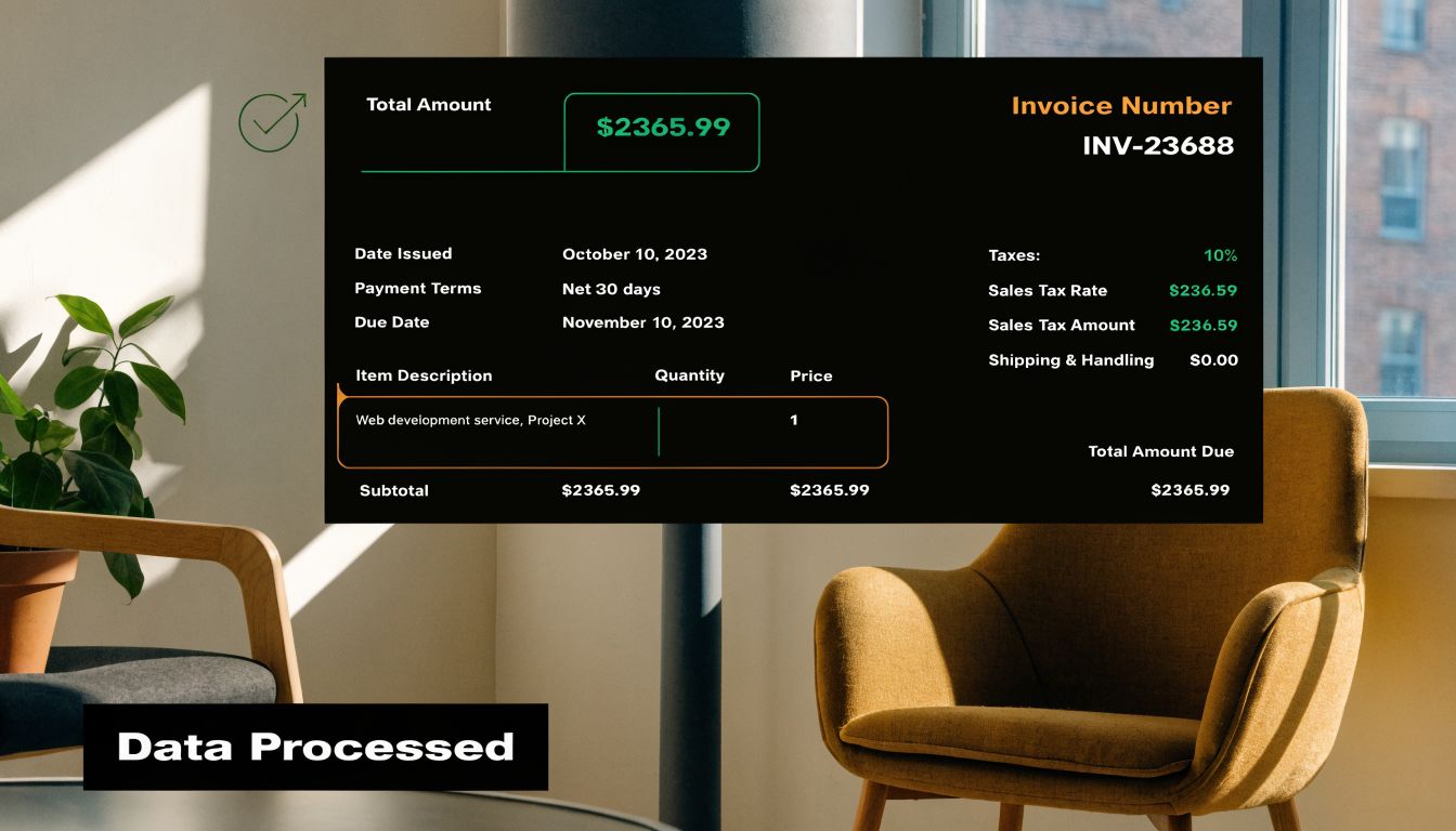 A digital invoice document displaying financial details like total amount, tax rates, and project description in a sleek interface.