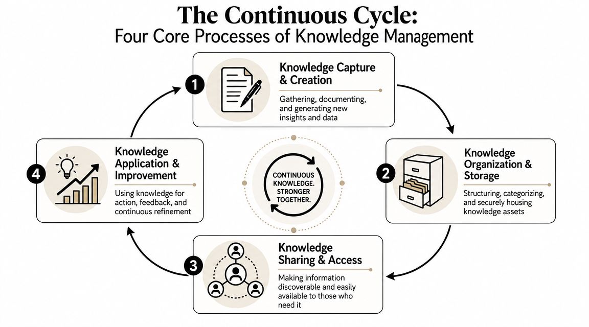 A circular diagram illustrating the four core processes of a continuous knowledge management cycle in business.