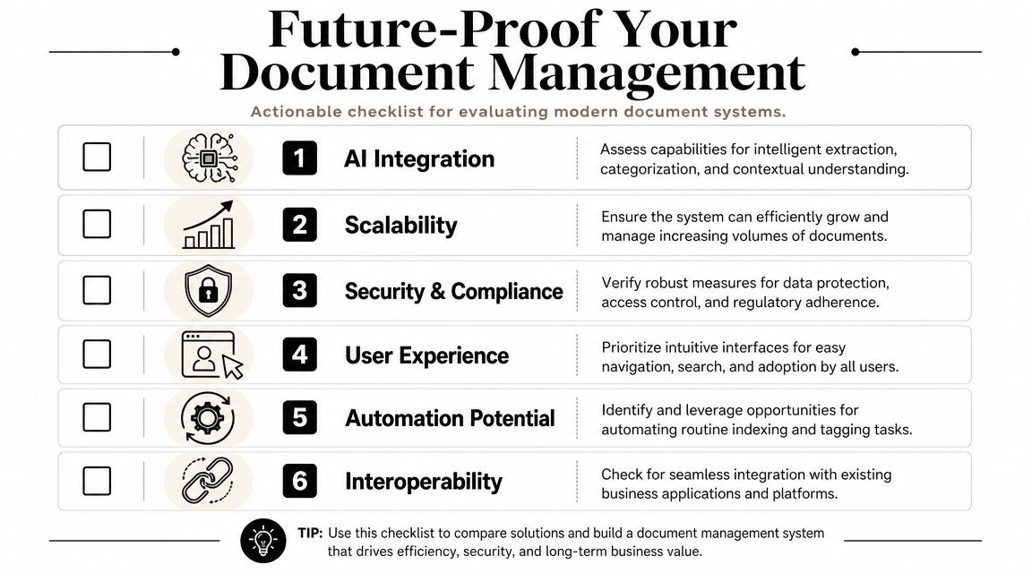 A checklist titled Future-Proof Your Document Management outlining six key features for modern document management software evaluation.