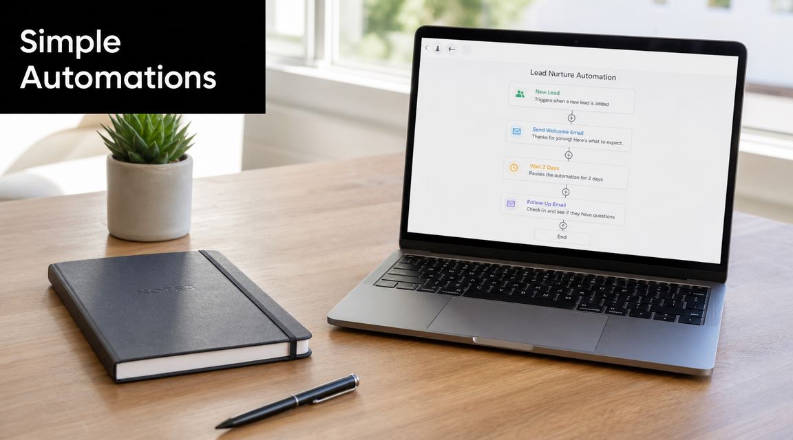 A laptop on a wooden desk showing a marketing lead nurture workflow automation chart near a notebook.