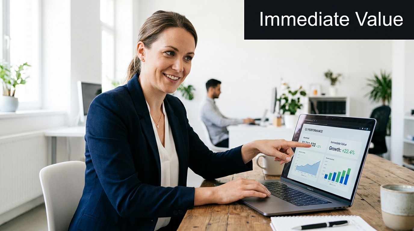 A professional woman in an office smiles while pointing at business growth charts on her laptop screen.