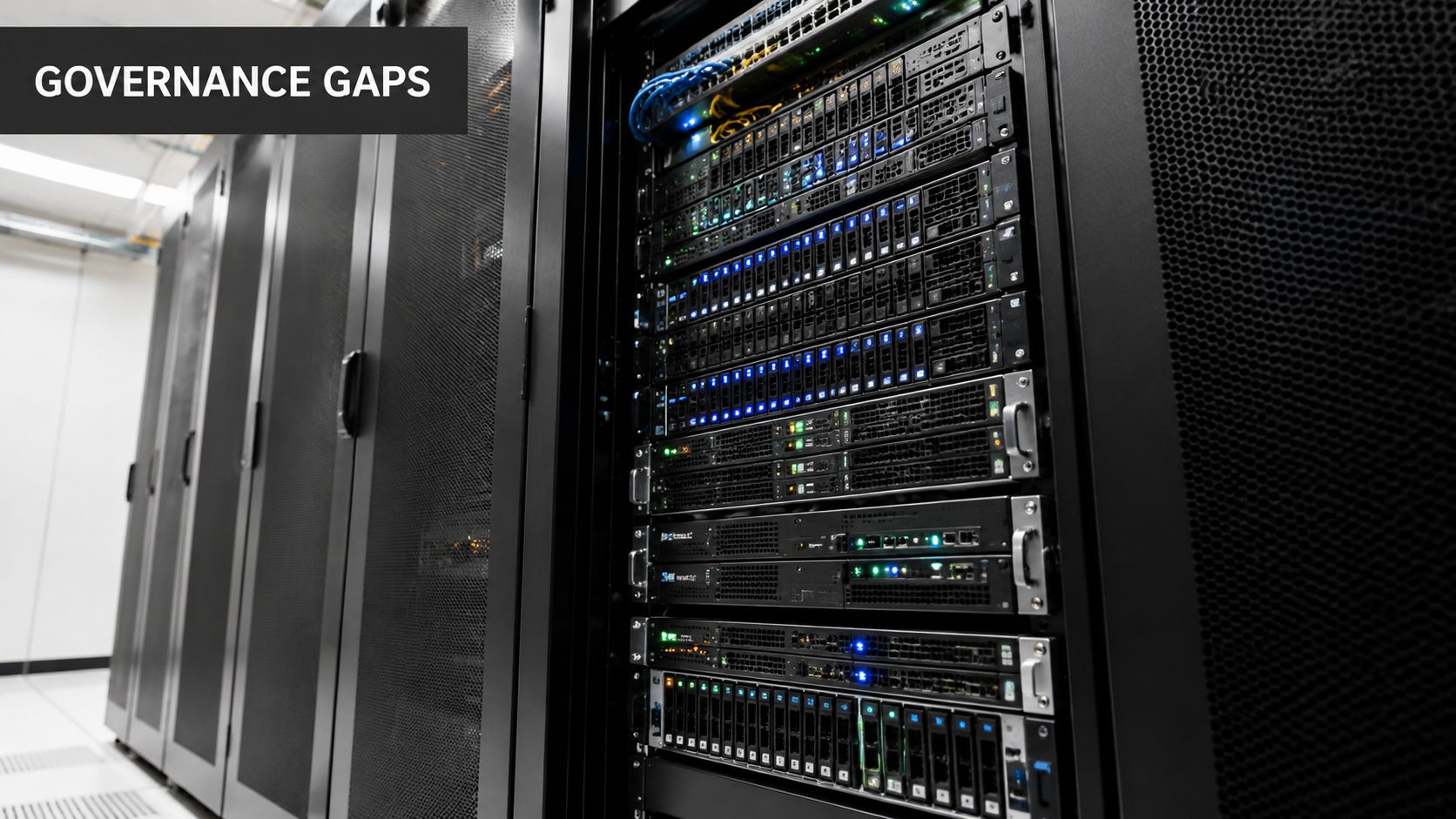 A rack of powerful enterprise server equipment in a modern, secure data center facility.