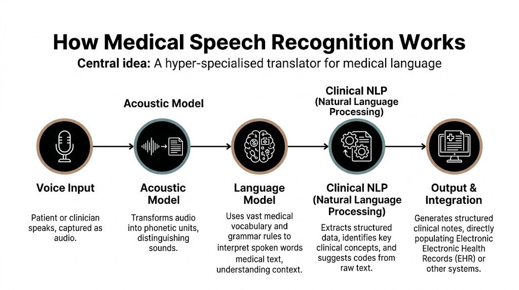 A flowchart diagram illustrating how medical speech recognition technology processes voice input into structured electronic health records.
