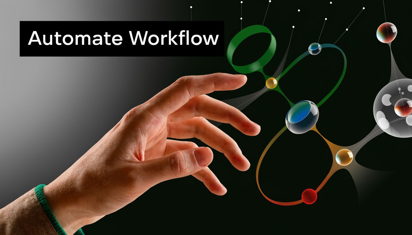 A hand reaching toward a digital network of glowing spheres and lines representing an automated workflow process.