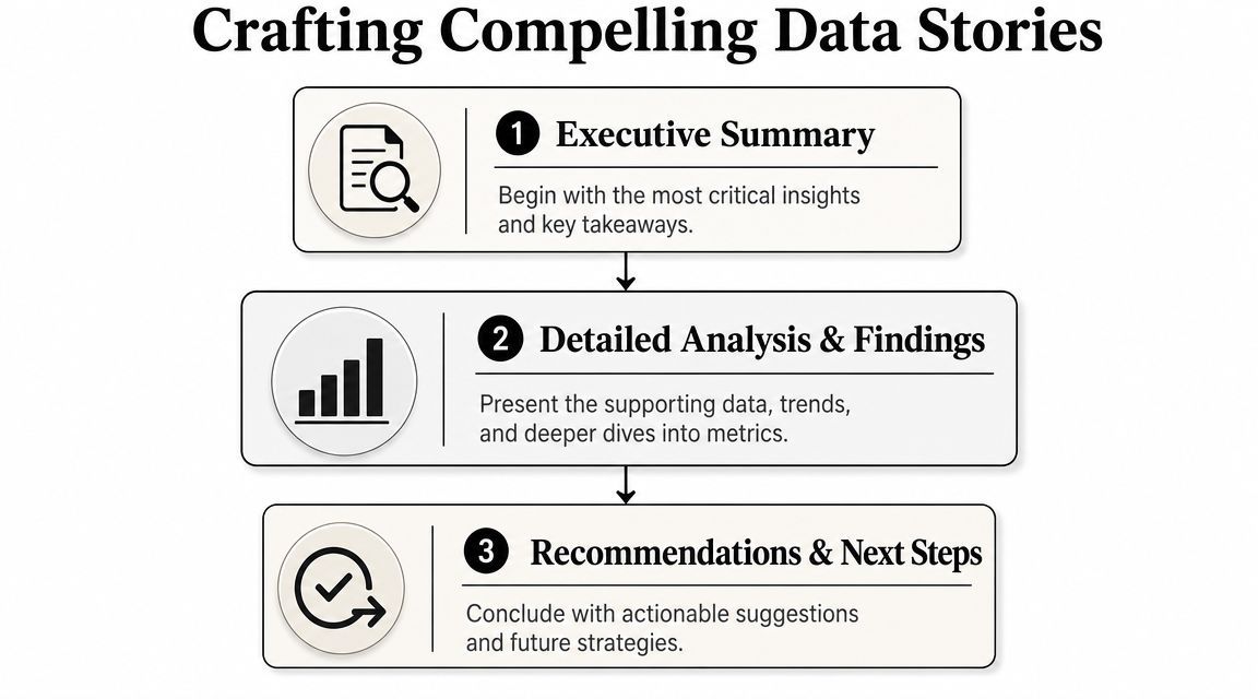 A flowchart titled Crafting Compelling Data Stories illustrating three sequential steps for effective data communication.