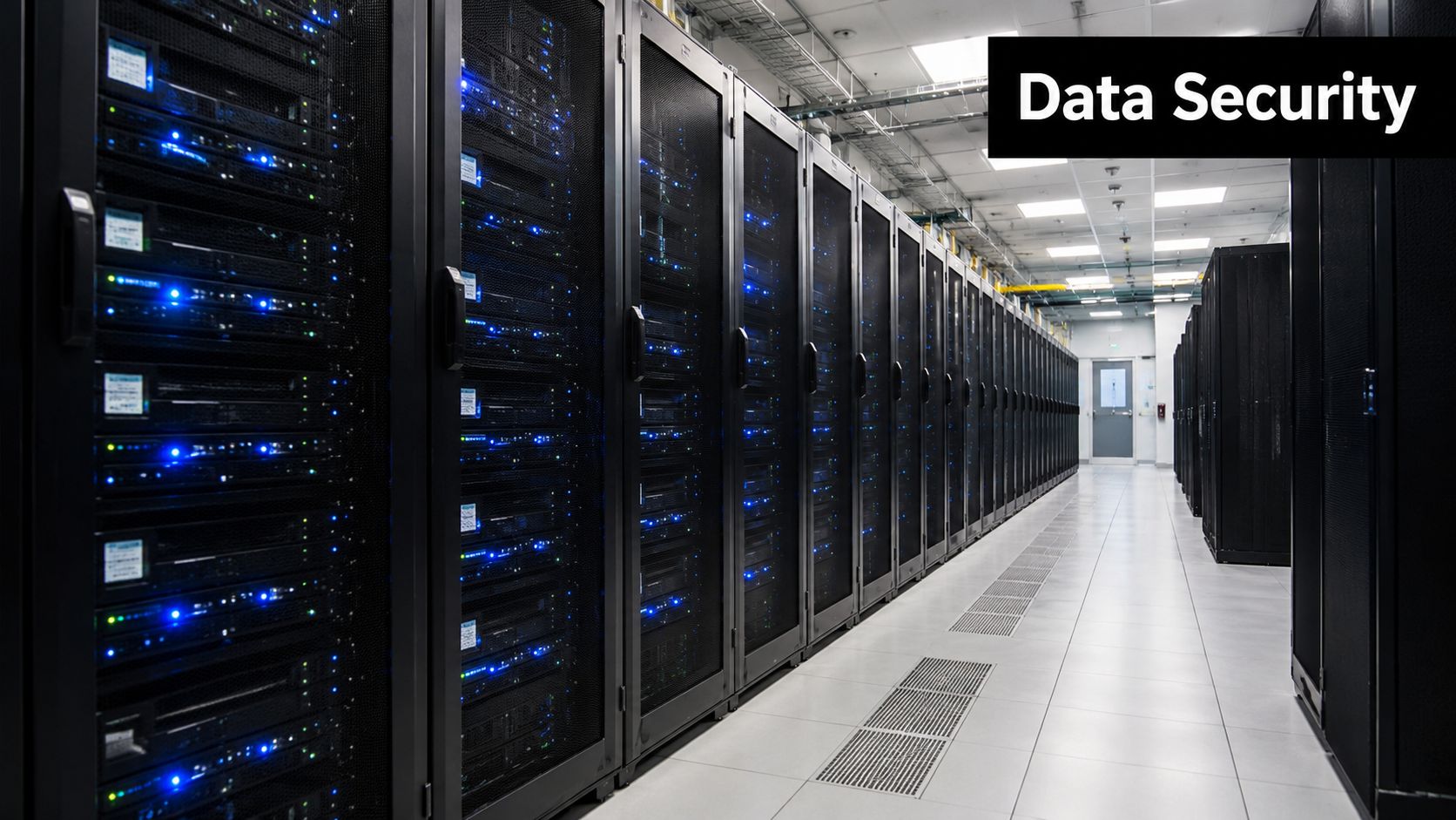A long aisle of black server racks with glowing blue status lights inside a modern data center.