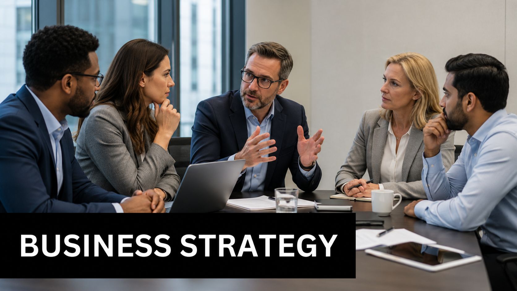 A diverse group of business professionals in suits sitting around a conference table discussing business strategy.