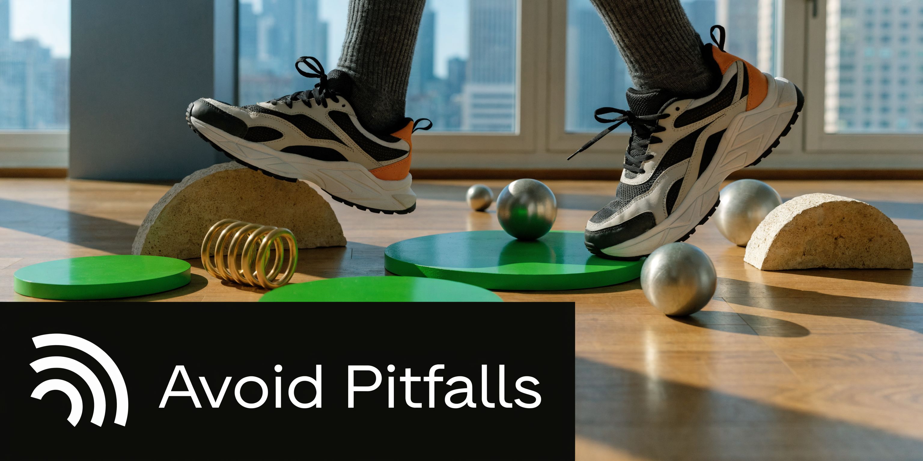 A person wearing running shoes navigates around decorative shapes and metal spheres on a wooden office floor.