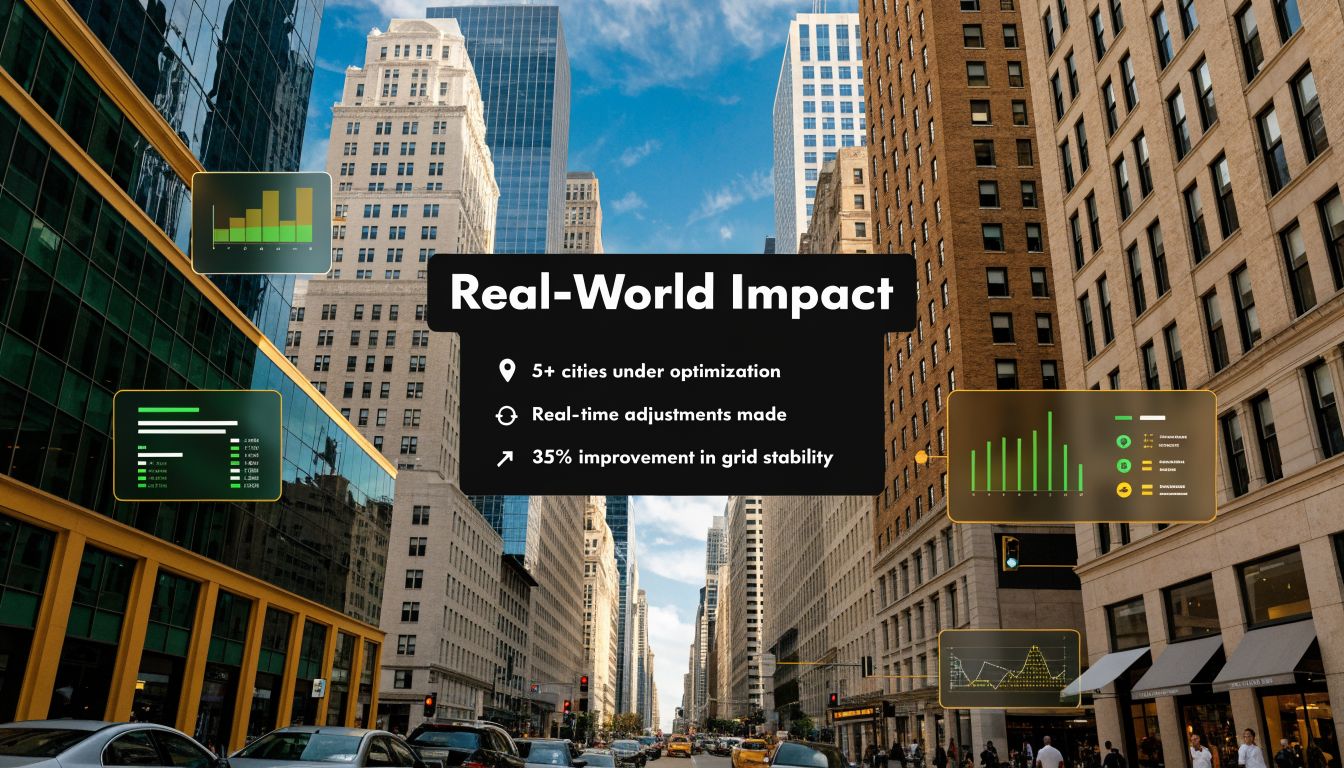 A digital graphic showcasing urban infrastructure optimization with data overlays on a busy city street background.