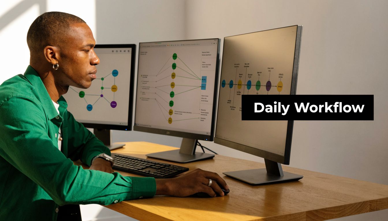 A professional working on multiple computer monitors displaying data flow charts and workflow diagrams at a desk.