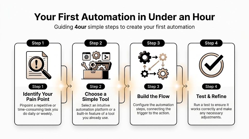A four-step infographic guide explaining how to create your first business automation in under one hour.