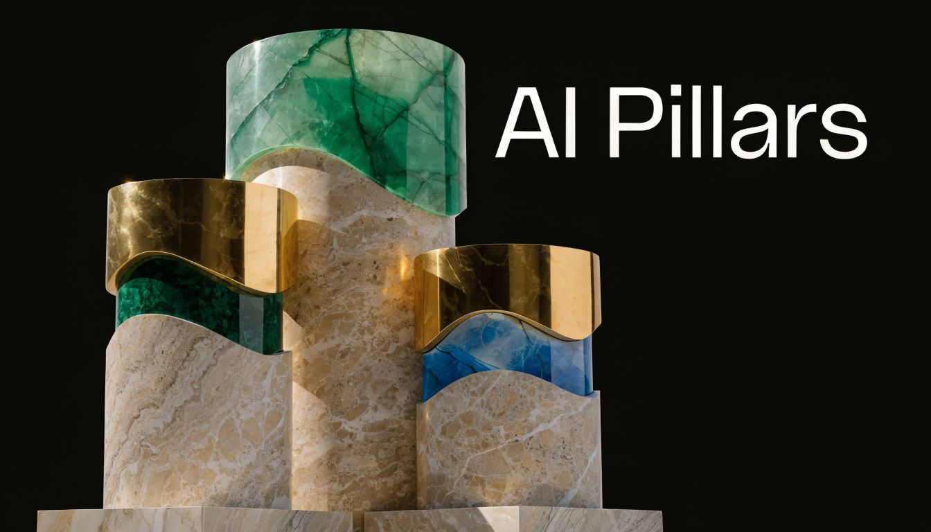 Three artistic marble and gold decorative pillars arranged against a simple black background for presentation purposes.