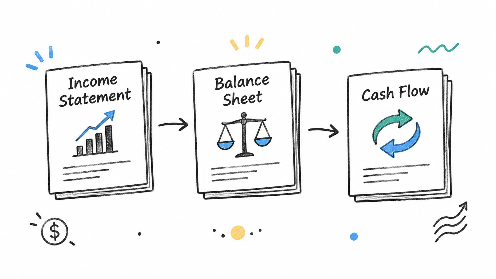 A hand-drawn illustration depicting the three core financial statements: Income Statement, Balance Sheet, and Cash Flow.