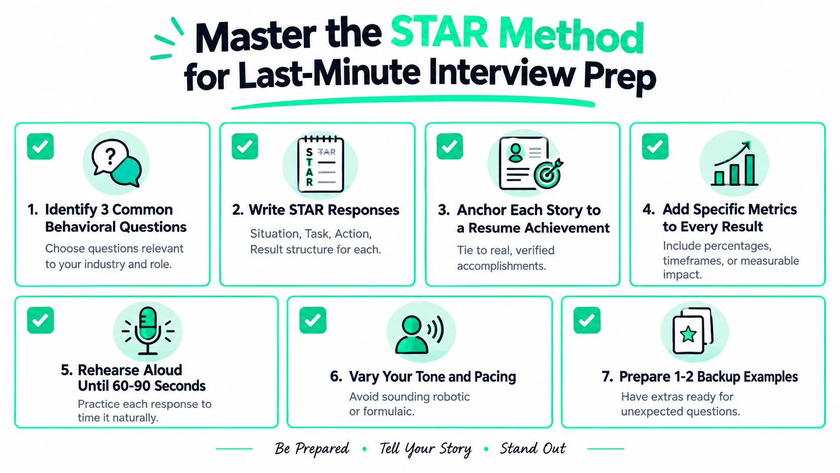A step-by-step infographic titled Master the STAR Method for Last-Minute Interview Prep with seven actionable tips.