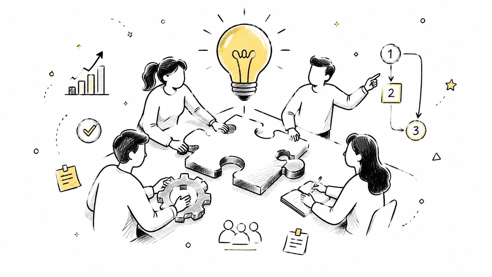 A hand-drawn illustration of a diverse team collaborating around a table with puzzle pieces and ideas.