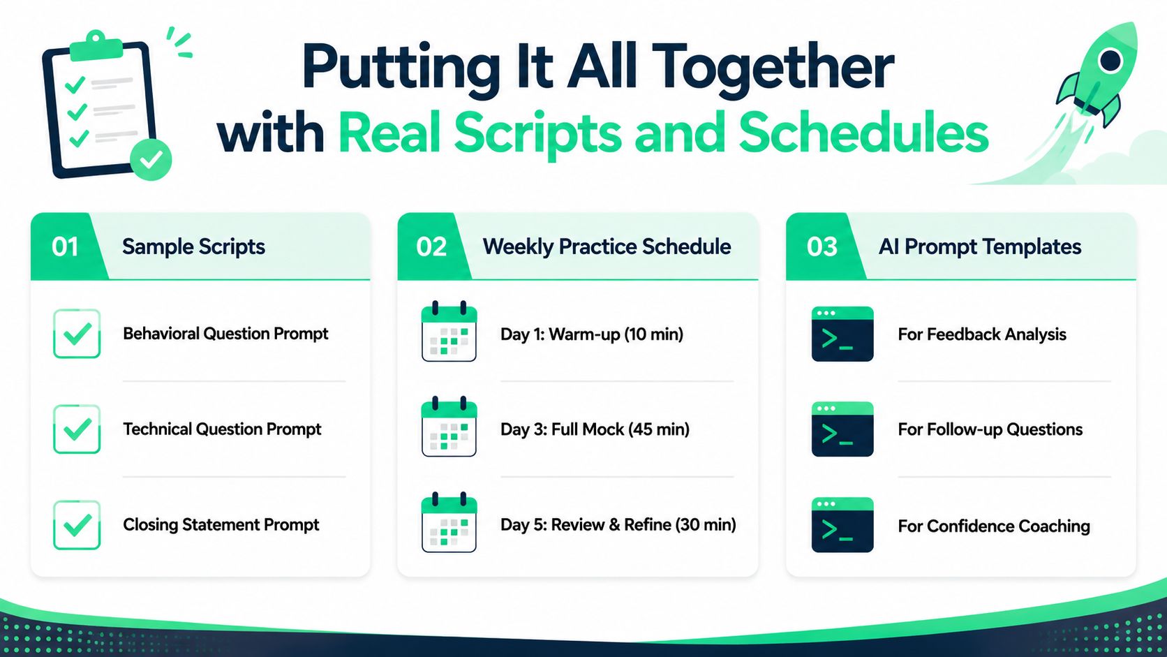 An infographic showing a three-step guide to interview preparation with scripts, schedules, and AI prompt templates.