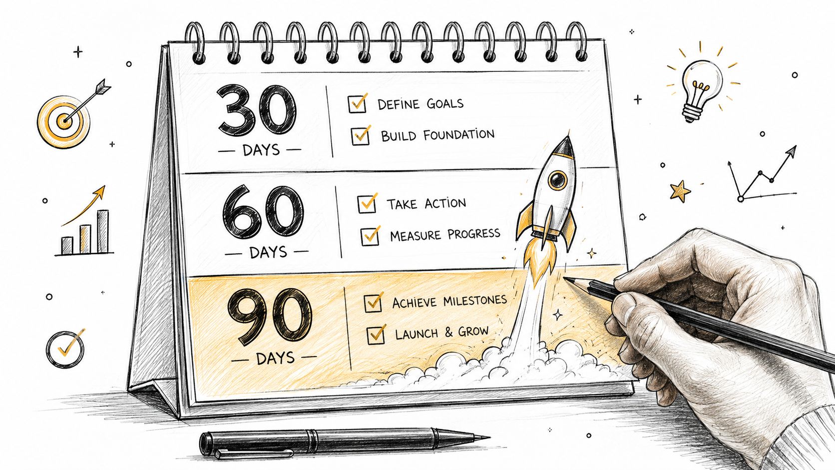 A hand drawing a 90-day business plan on a calendar featuring milestones for goals and launch.