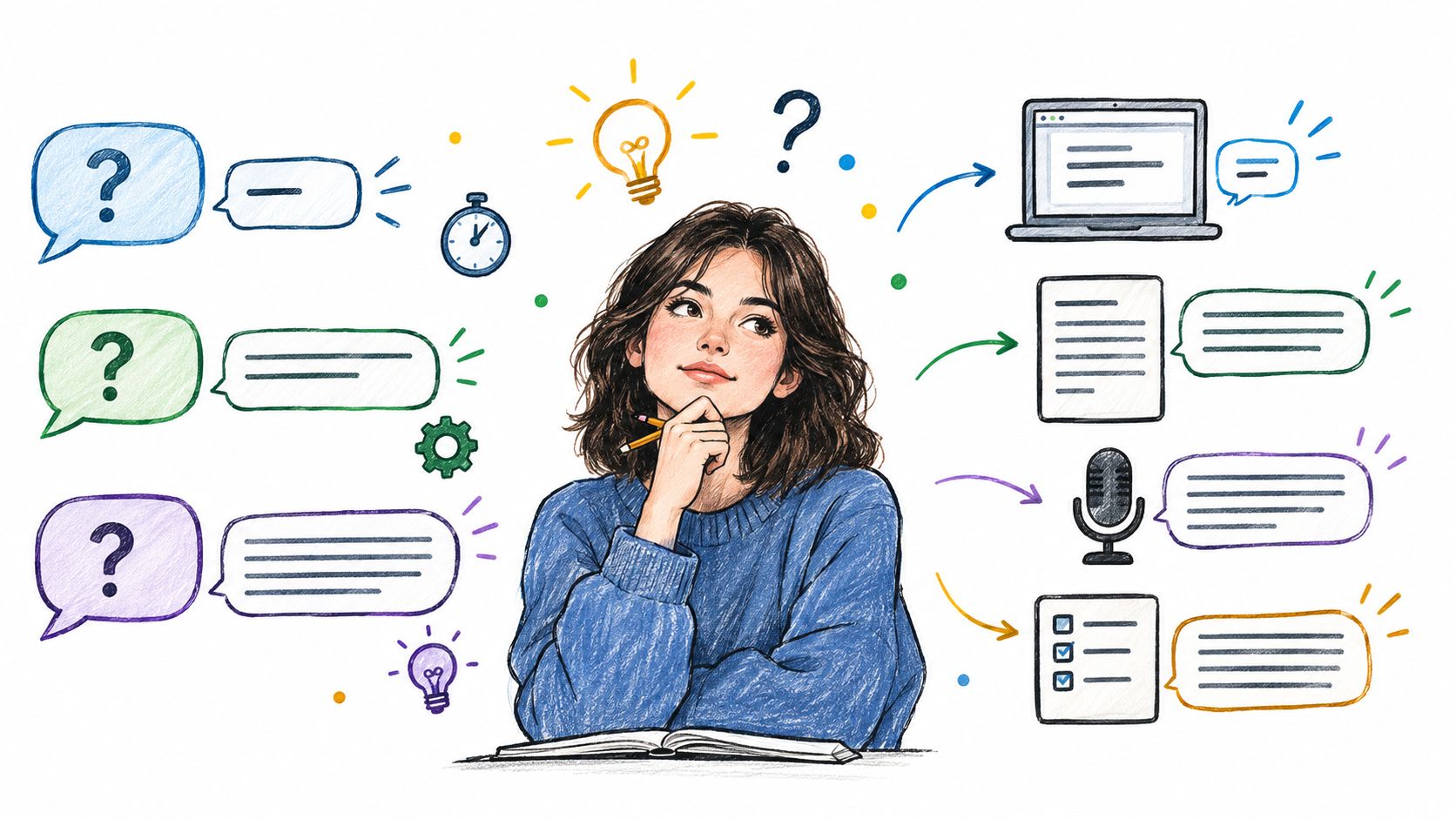 An illustration of a young woman thinking while considering different ways to structure interview answers.