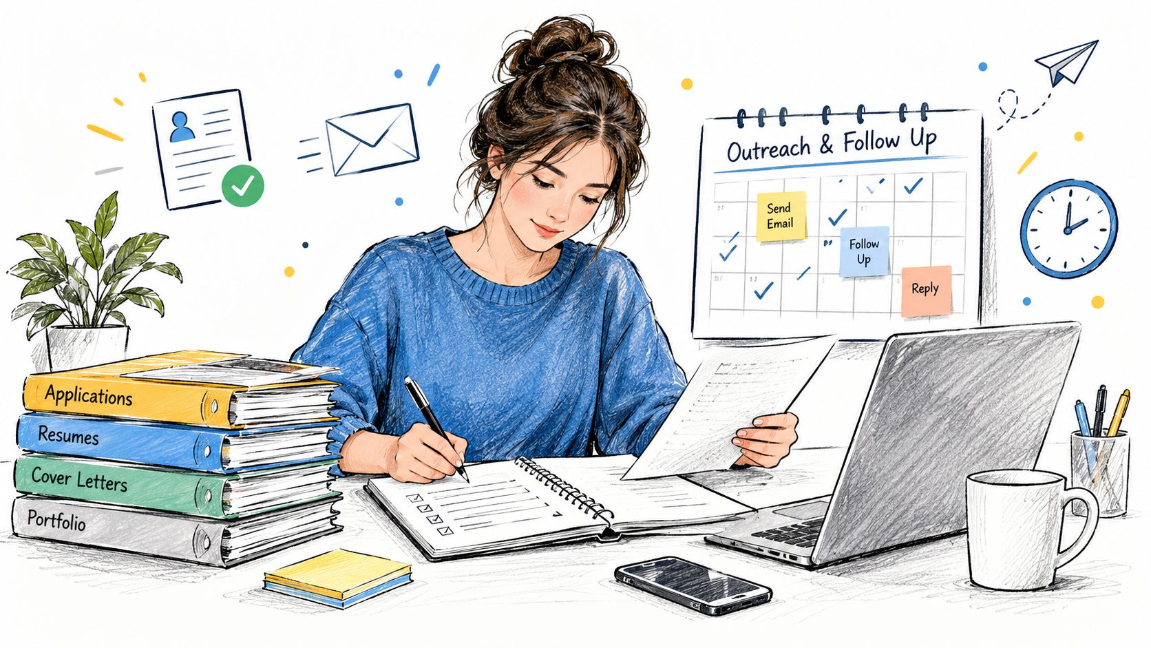 A woman working at a desk organizing job applications, resumes, and outreach tasks on a calendar.
