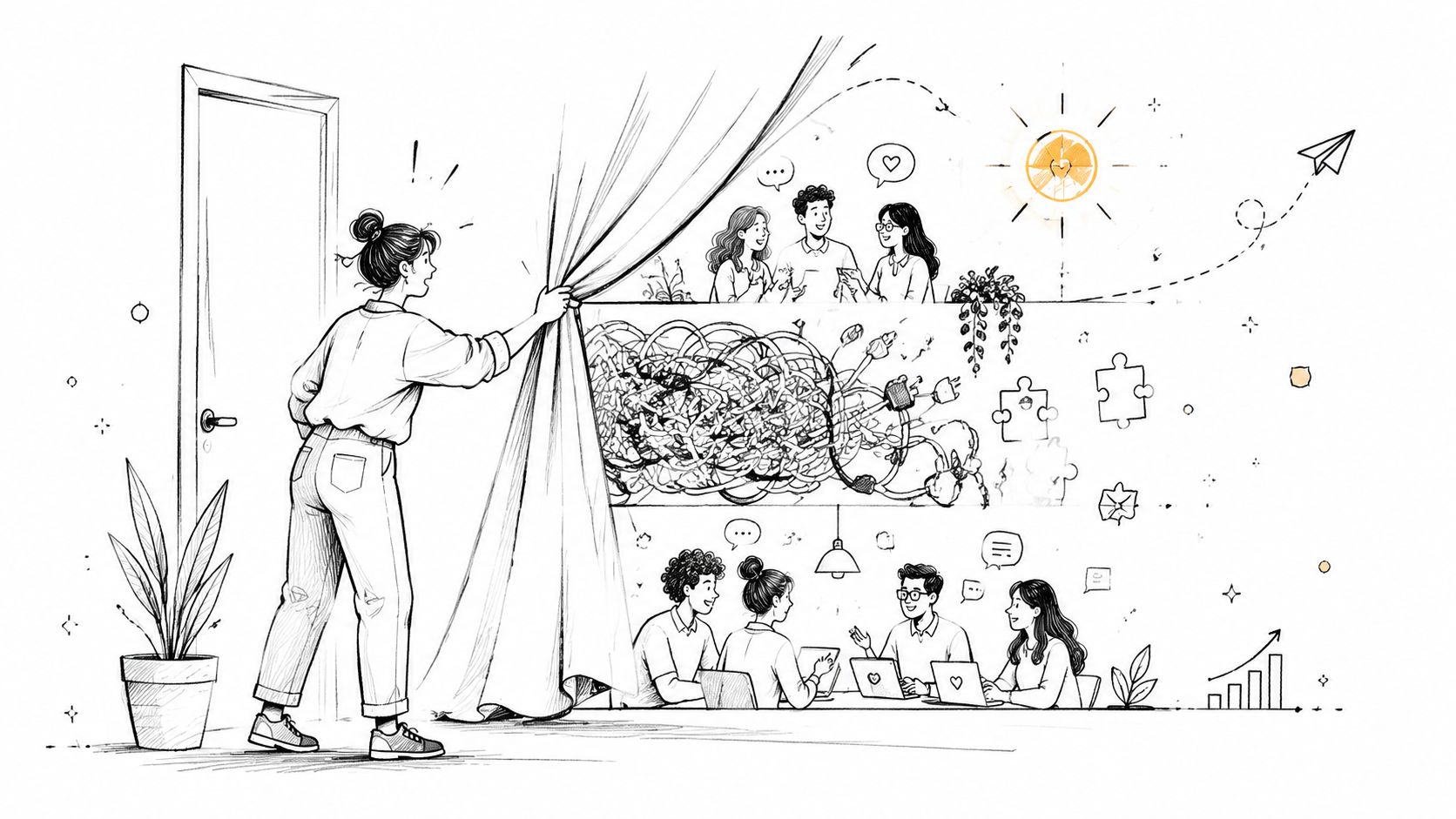 A line art illustration showing a person pulling back a curtain to reveal a productive office team.