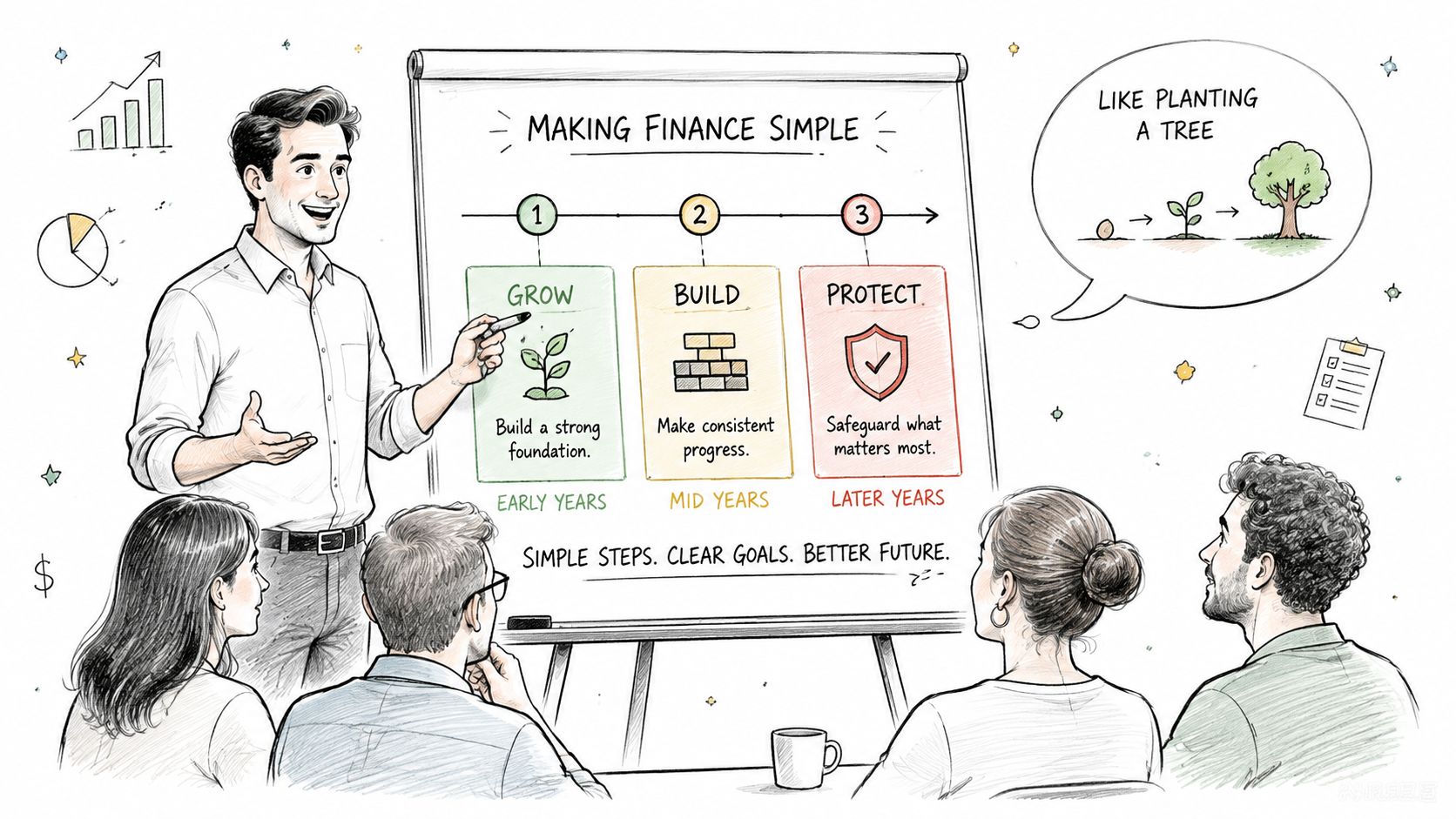 A financial advisor explains a three-step financial planning process to a diverse group of people.