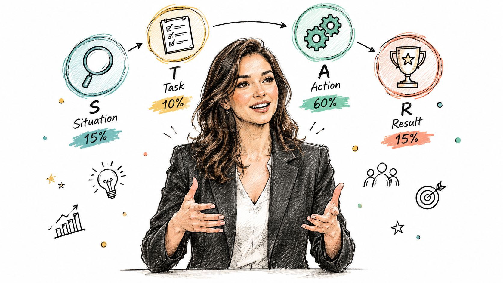 A professional woman explaining the STAR interview method consisting of Situation, Task, Action, and Result components.